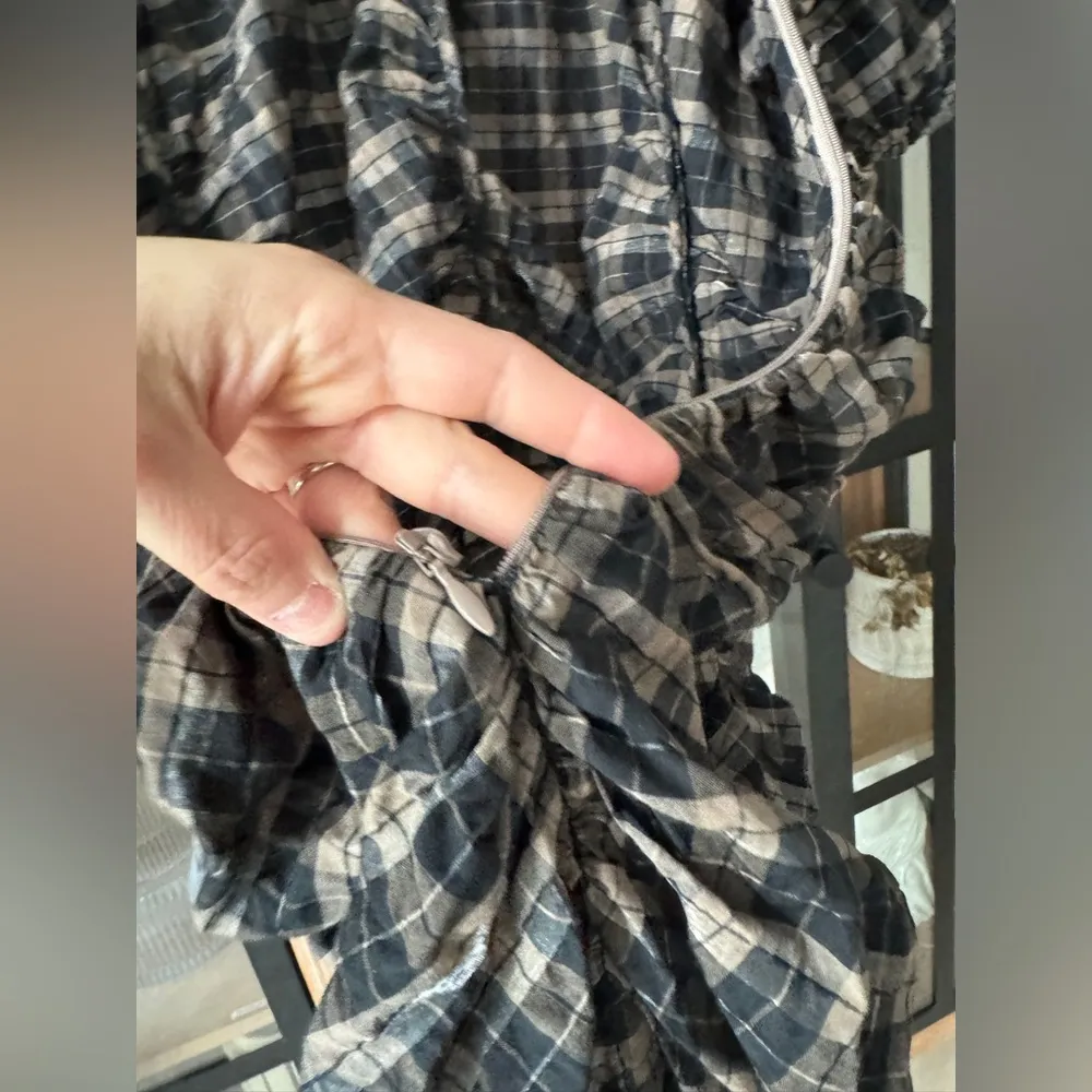 Ganni Ruched Seersucker Mini Dress Plaid Tan Black beige puff sleeves neutral - Image 14