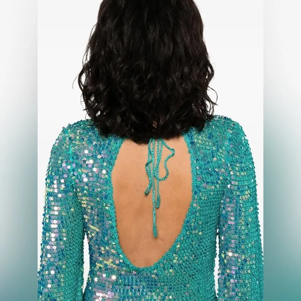 Retrofete Tara Sequin Crochet Lone Sleeve Mini Dress in Aquamarine M/L - Image 5