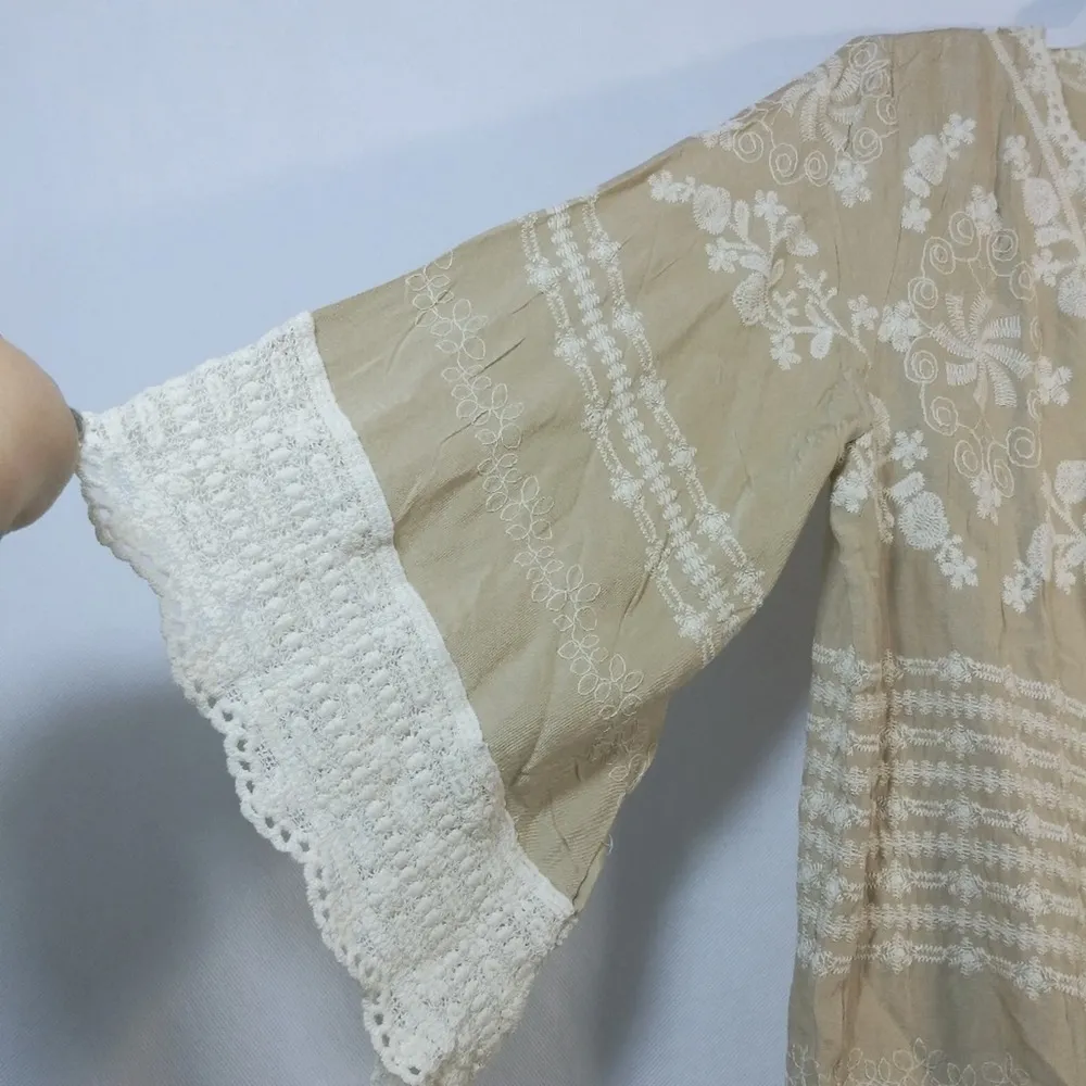 Solitaire Tan Cream Embroidered Open Cardigan Wide Sleeves Size S - Image 5