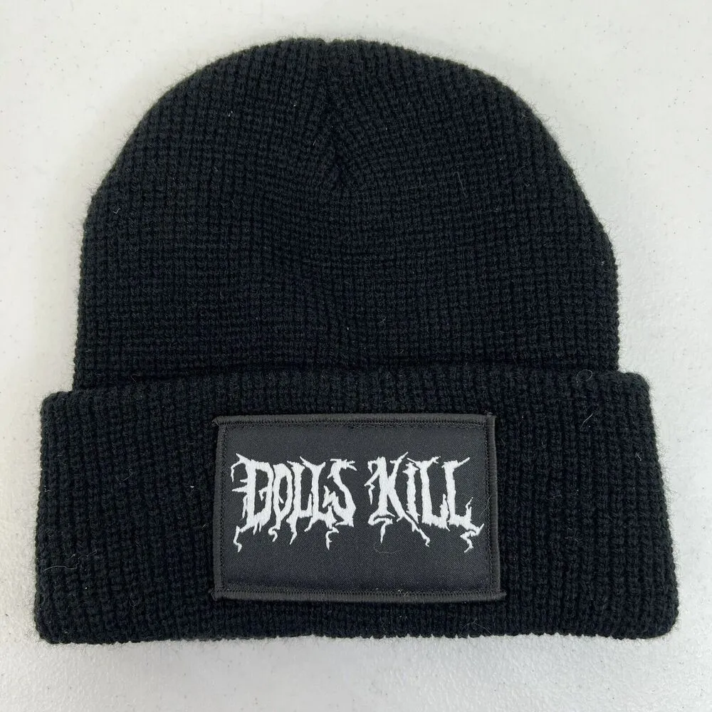 Dolls Kill Knit Beanie Hat Black Goth Punk Lolita Death Metal Spell Out Patch - Image 2