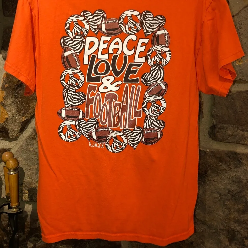 B. Jaxx Women’s Orange/Black Peace Love Football Tshirt Orange Size M - Image 2
