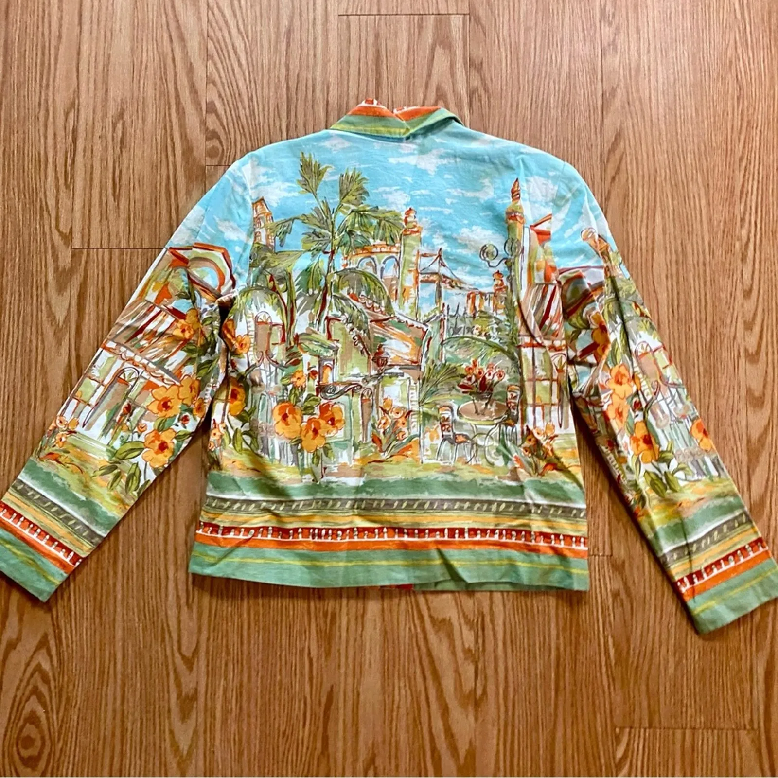 Coldwater Creek Villa Cityscape Blue Retro Linen Jacket Shacket Womens Small - Image 10