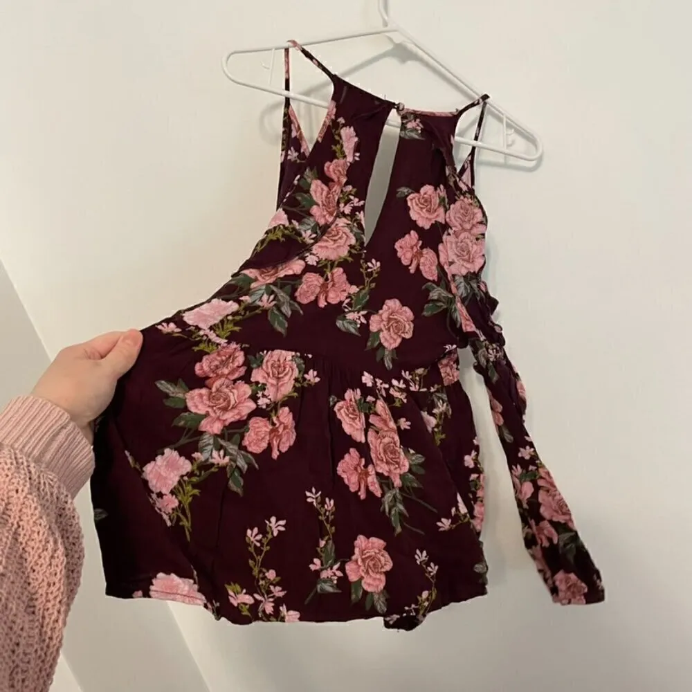 AMERICAN EAGLE Burgundy Maroon Floral Cold Shoulder Long Sleeve Babydoll Blouse - Image 15