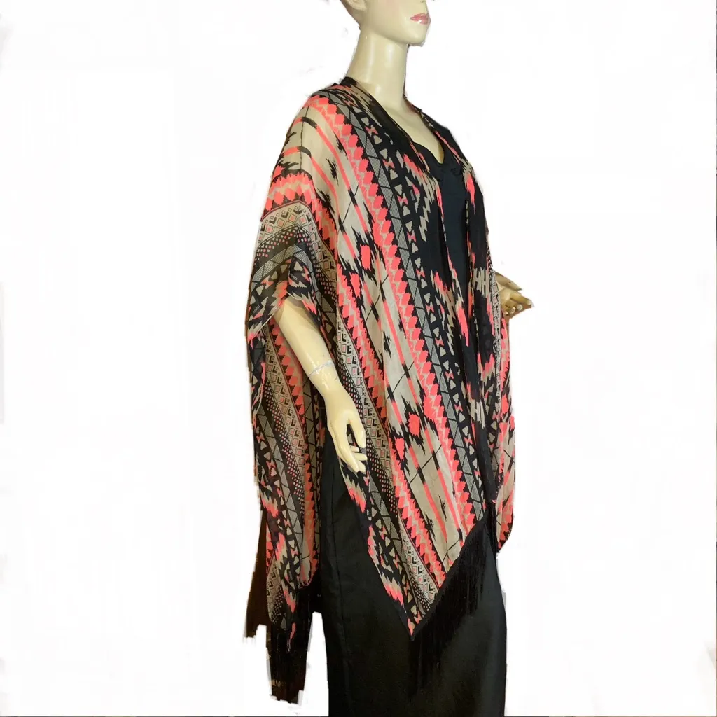 UNBRANDED FRINGE TRIM BLACK, CORAL & TAN SCARF/ SHAWL (OSFM) Multiple - Image 6