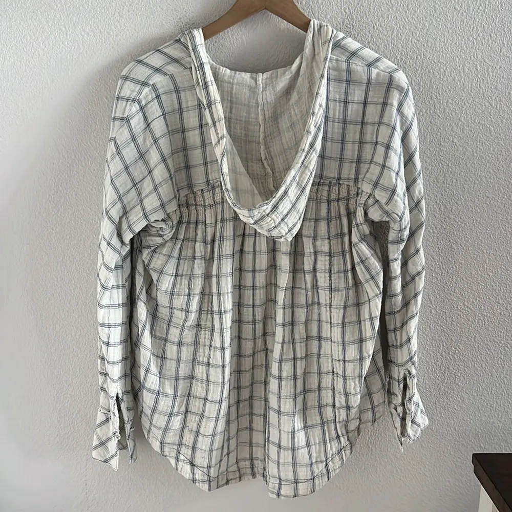 Free People Hooded Gauzy Oversized Sweatshirt Plaid Coastal Boho Layered XS - Image 6