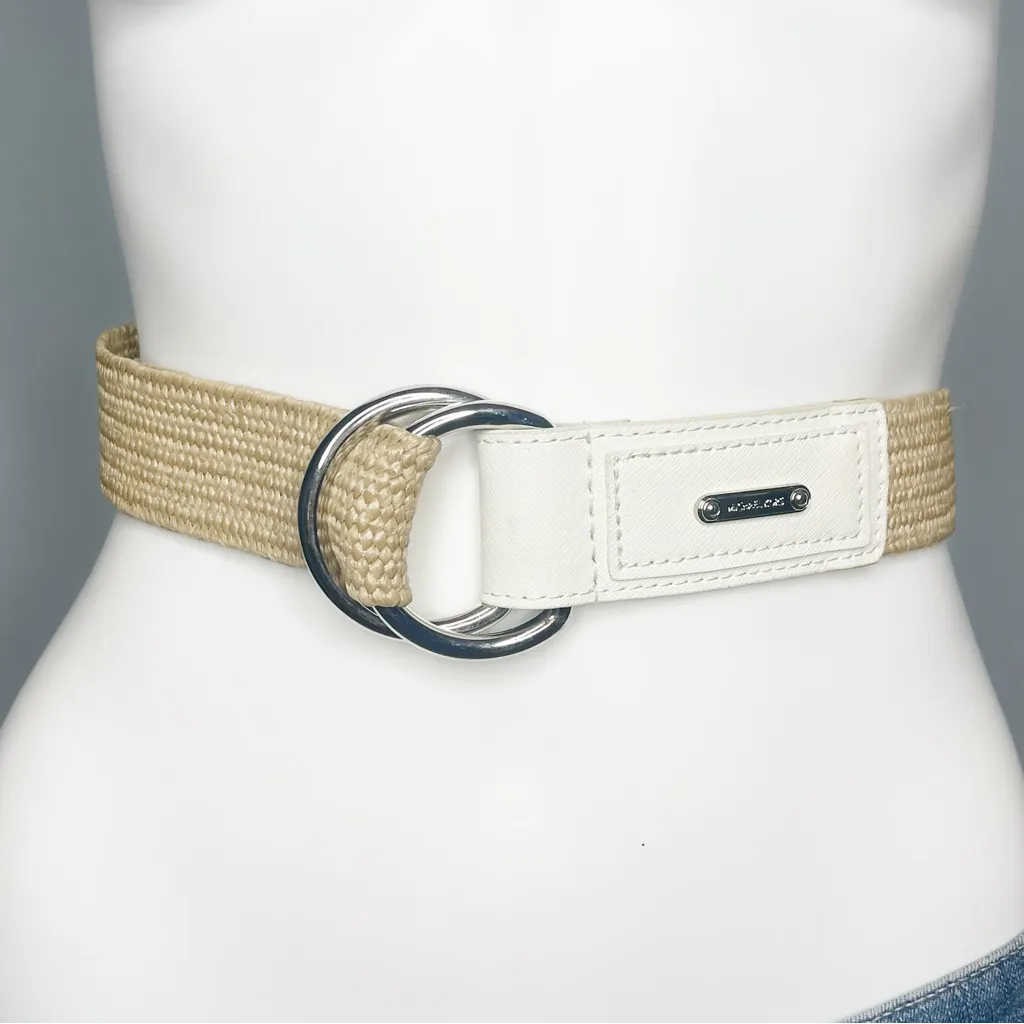 Michael Kors Tan Woven Straw Style Stretch Belt Leather Trim Ring Buckle Resort Size M - Image 1