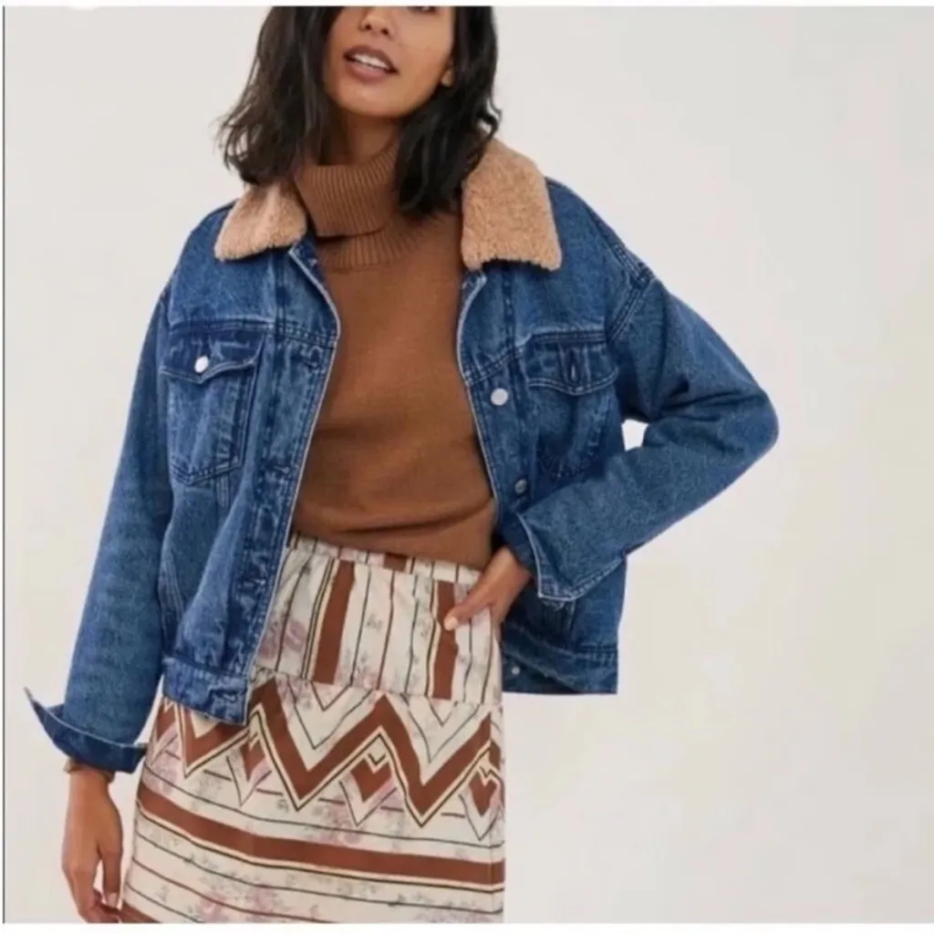 Anthropologie Oversized Sherpa Lined Denim Jean Jacket XL Retro 90s Grunge Indie - Image 2