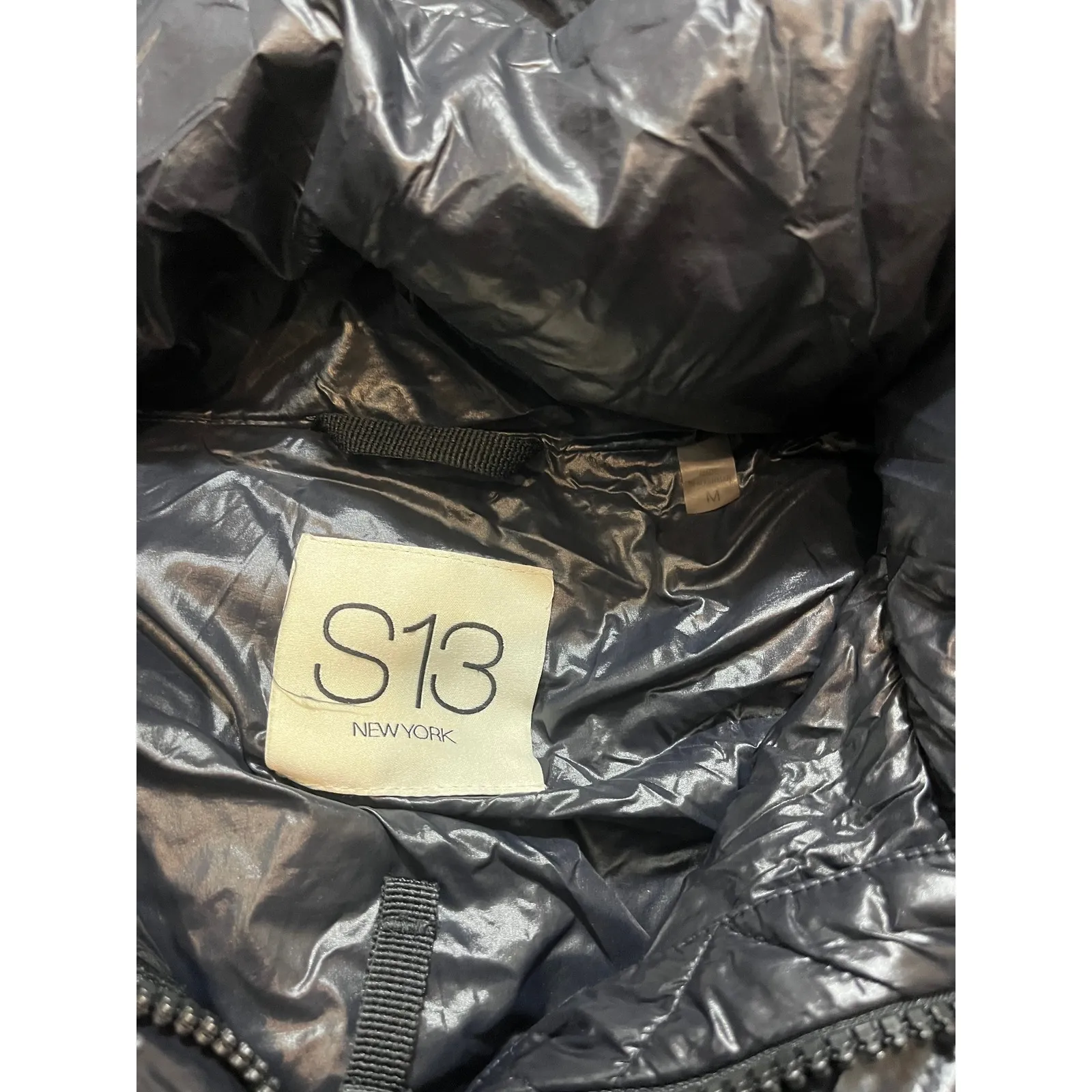 S13 New York Jacket Shiny Black Hooded Puffer Down Full Zip Quilted Womens Med - Image 10