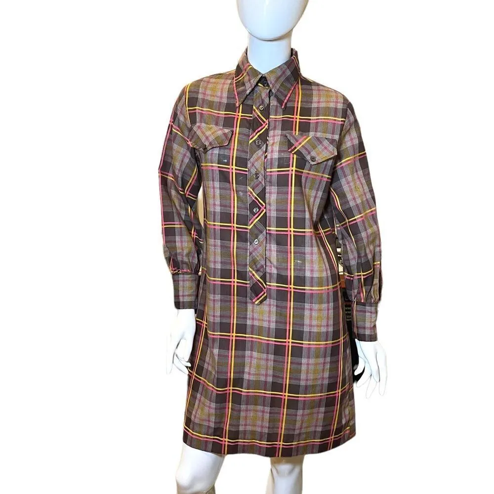 Vintage Plaid Button Down Mini Shirt Dress 1970s Medium Brown - Image 7
