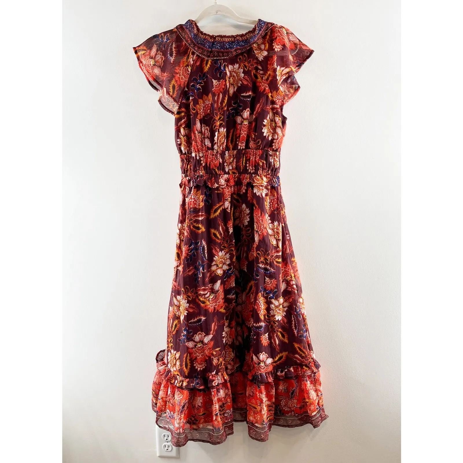 Old Navy Waist Defined Flutter Short Sleeve Floral Midi Dress Rust Red Small - Image 6