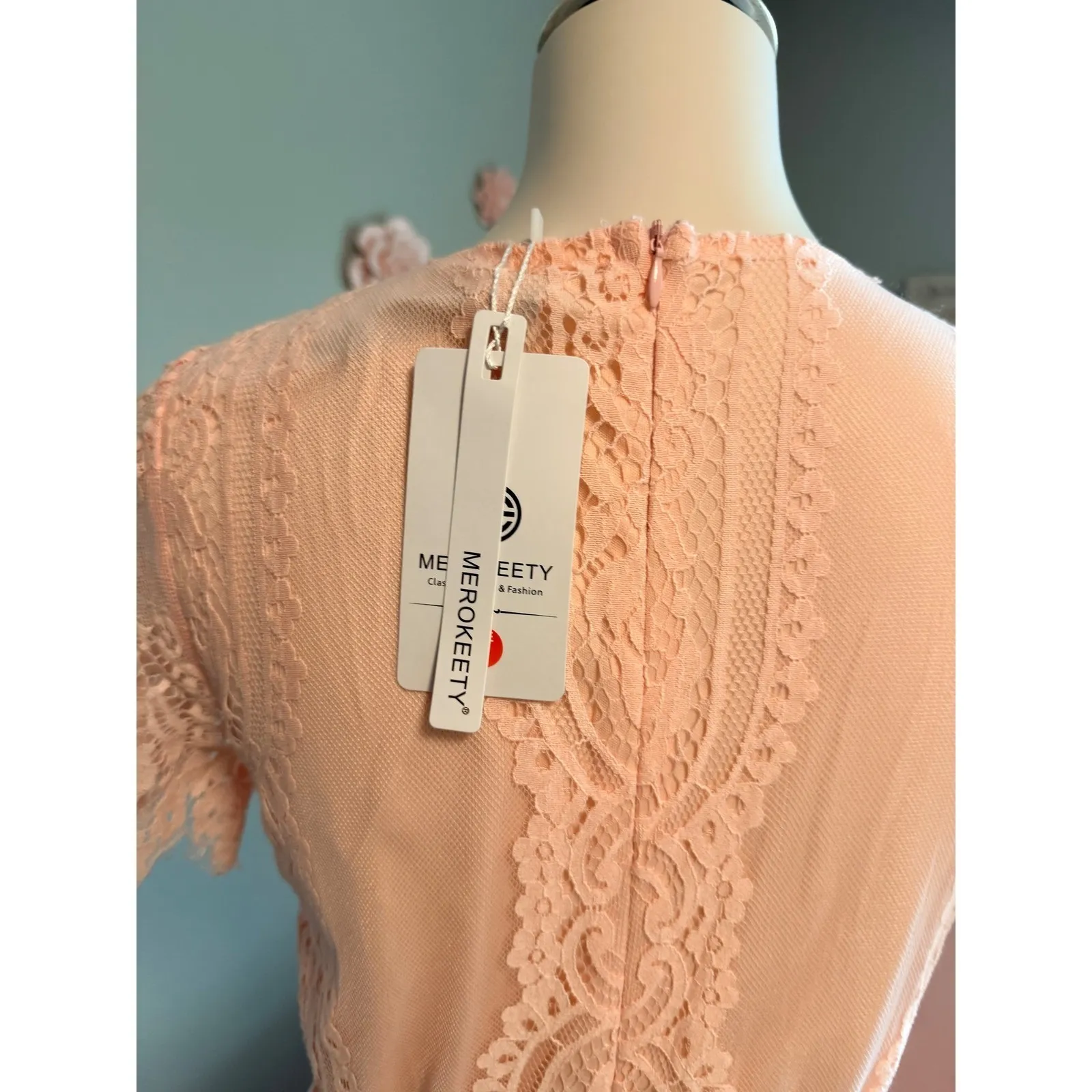 MEROKEEITY Lace Maxi Dress Peach Short Sleeve lace maxi boho New w Tags Size SM Pink - Image 3