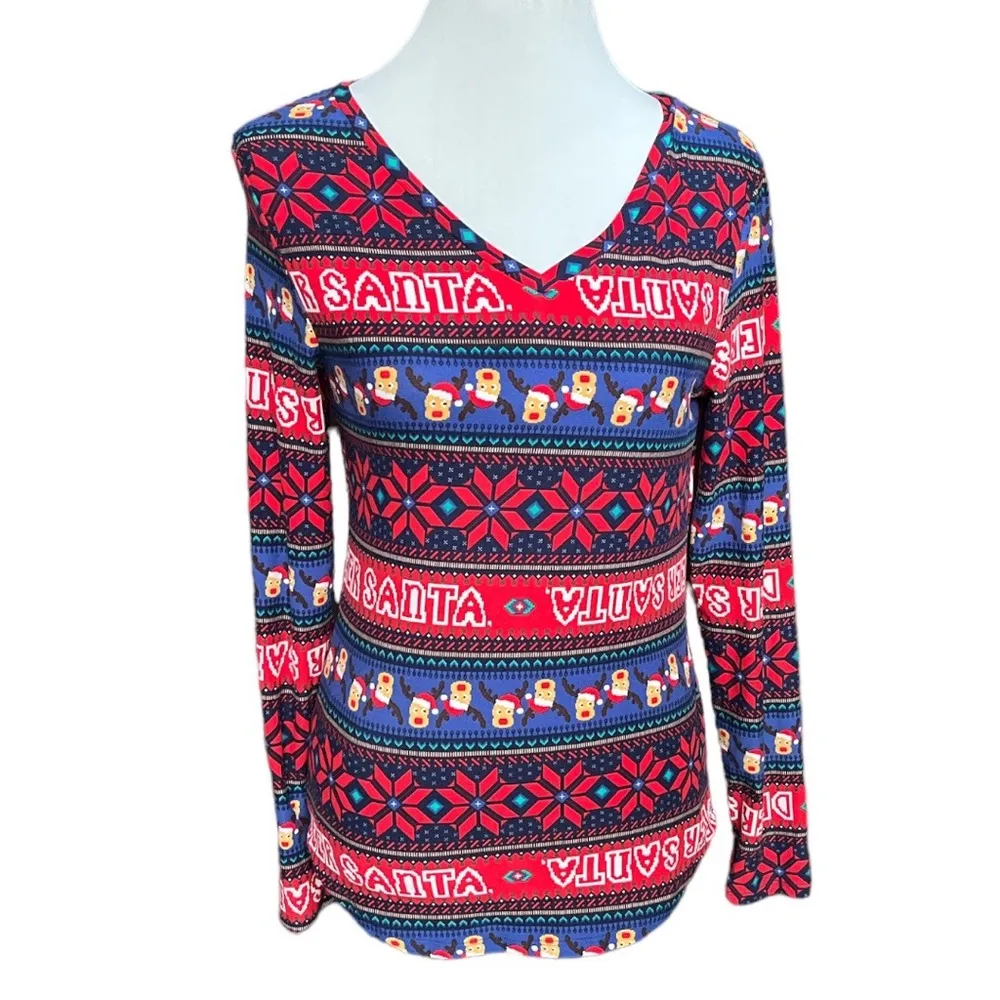 No Boundaries Deer Santa Reindeer Poinsettia Pajama Shirt Red Blue Size Large - Image 5