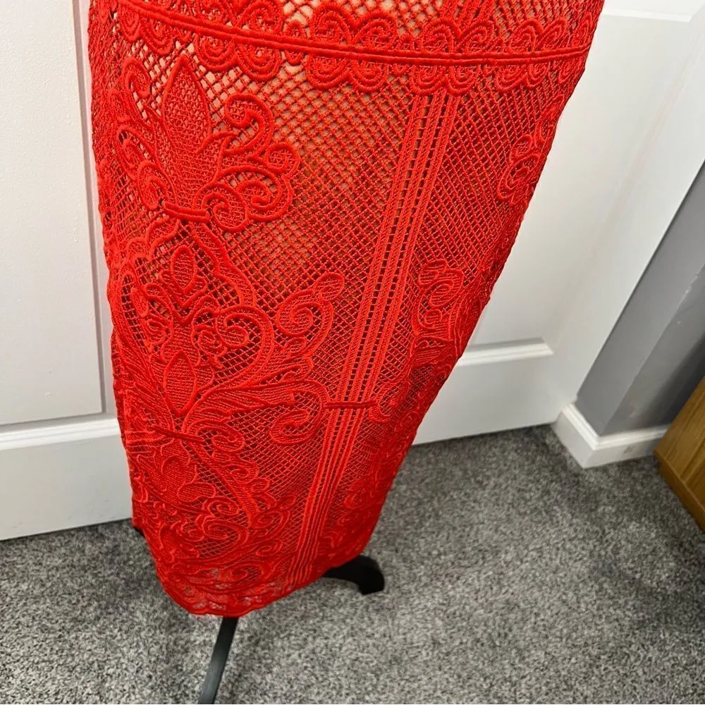 Sz S Stylestalker Stella Midi Off the Shoulder Red Lace Dress $241 MSRP - Image 10