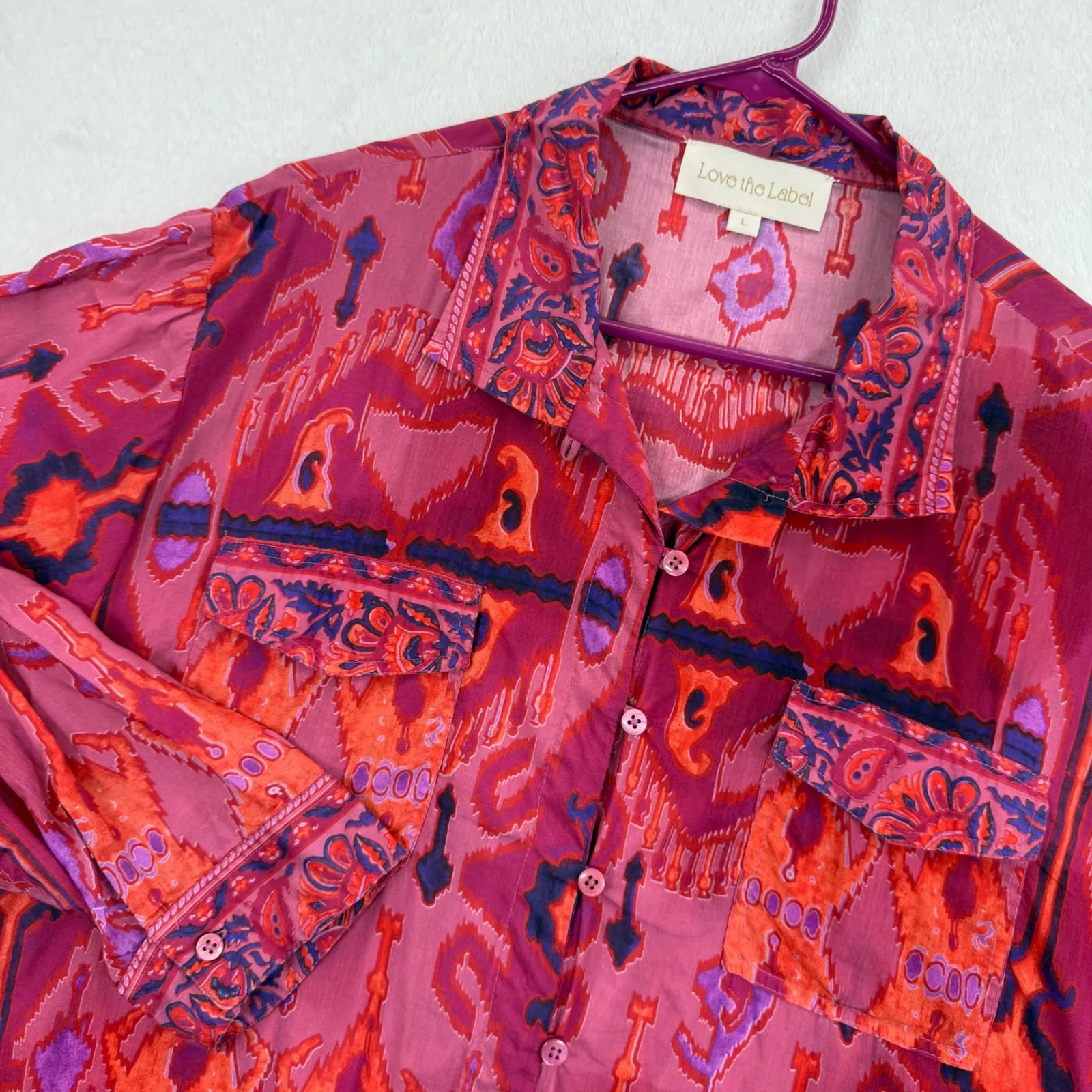 Love the Label Button Down Shirt Top Womens L Long‎ Sleeve Patterned Pockets Pink Size L - Image 2