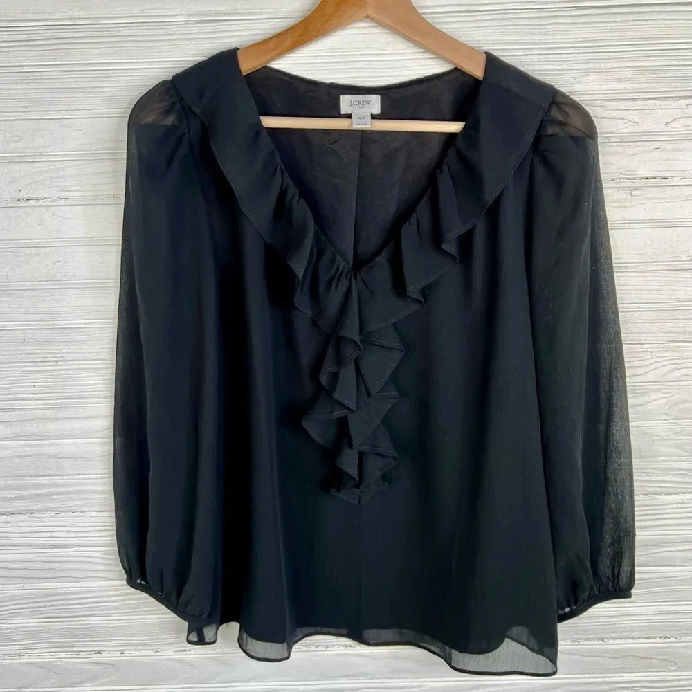 J. Crew Factory Black Semi Sheer Ruffle Detail Top Size XS - Image 8