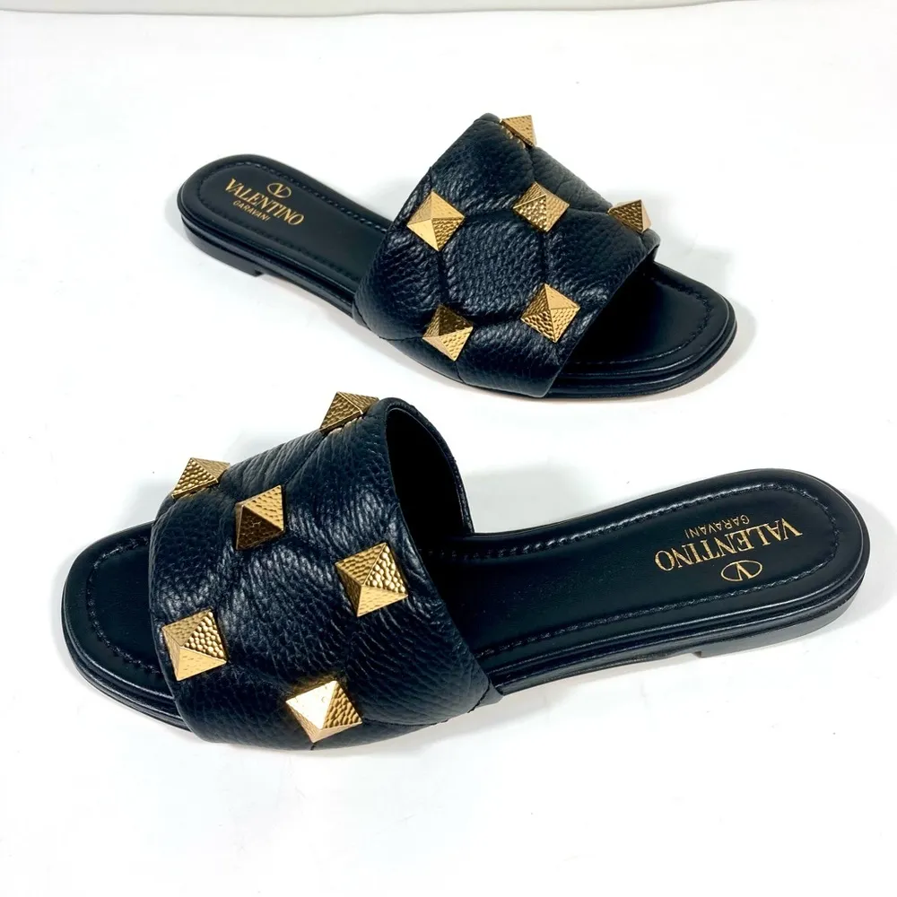 Valentino Garavani Roman Stud Matelasse Slide Sandals Black 37 NEW - Image 3