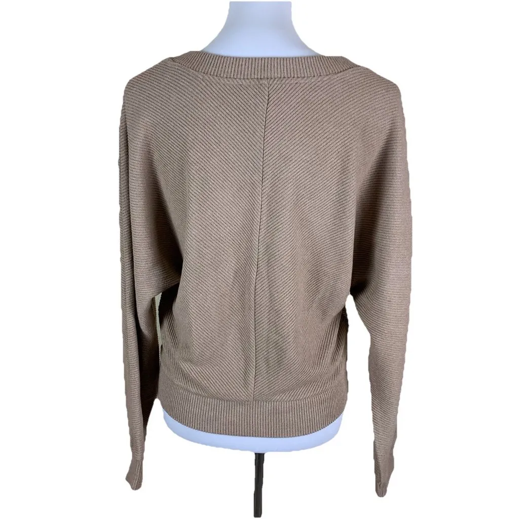 White House Black Market M Tan V Neck Knit Sweater Ribbed Pullover Neutral‎ Chic - Image 2