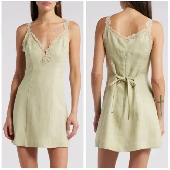 REFORMATION Kaya Lace Linen Sleeveless Mini Dress in Dried Herbs 6 - Image 2