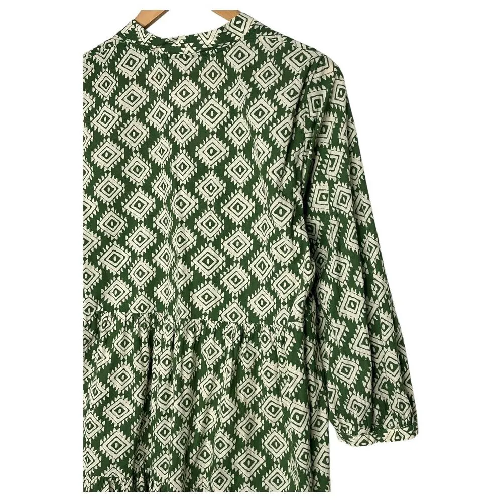 Zara Dress Womens M Mini Cadie Geometric Print Boho Tiered Pleated Tie Green - Image 10