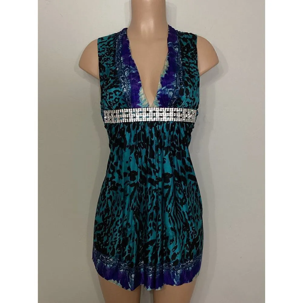New. SKY 100% silk animal print dress with diamond belt. Normally $248 Blue Size XS - Image 3
