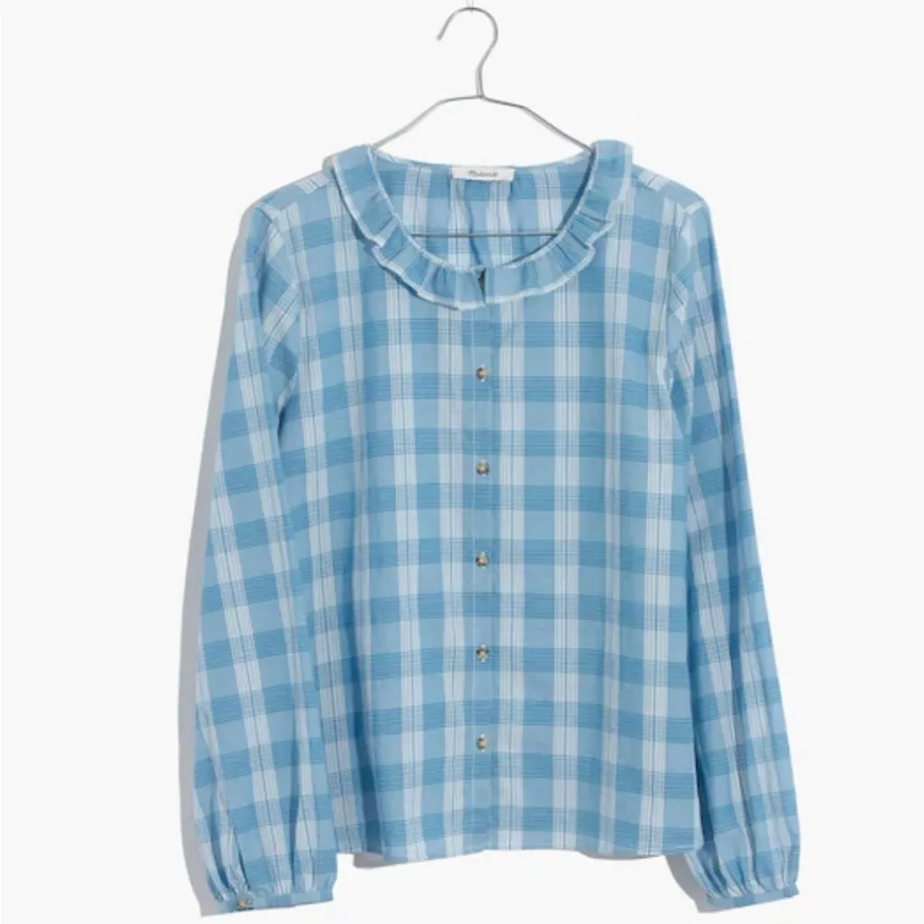 Madewell Ruffle-Neck Colwell Plaid Cotton Top in Ashby Plaid Ocean Wave Size XXL - Image 6