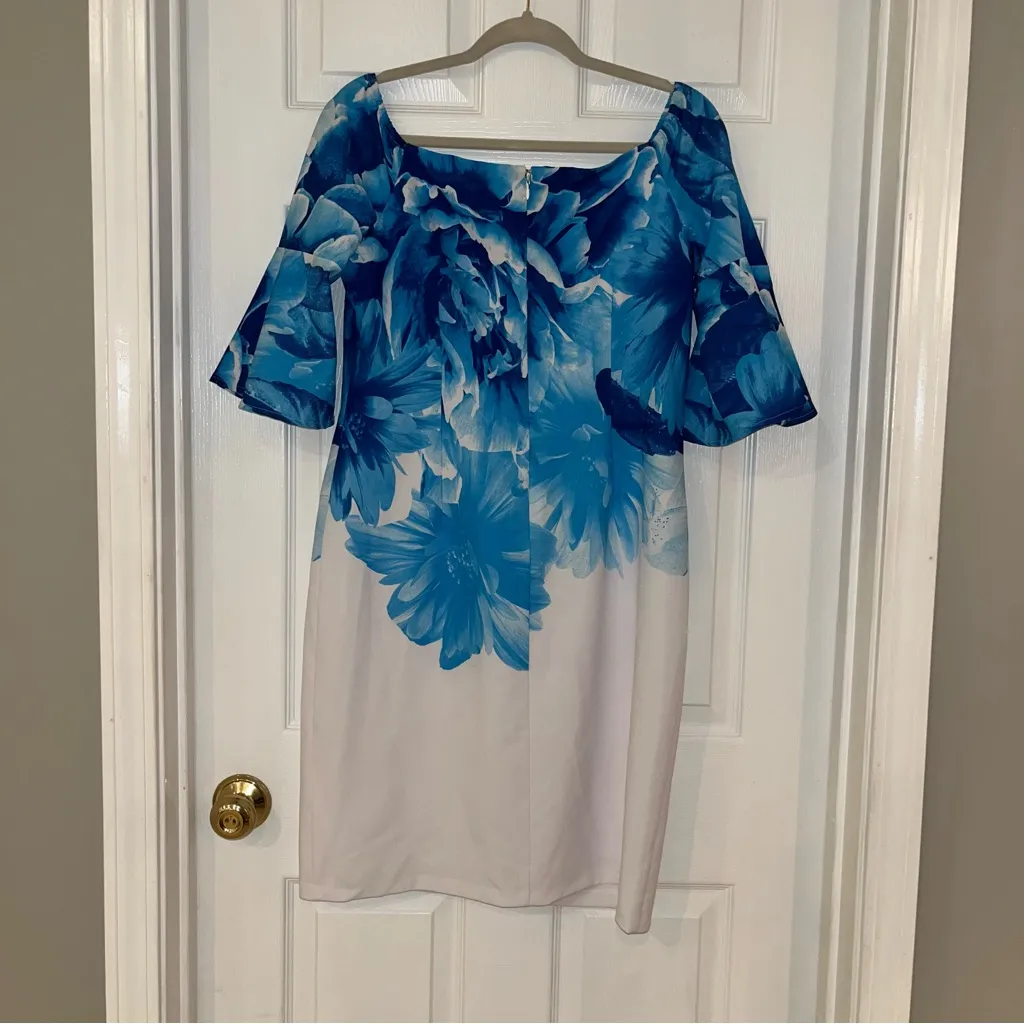 Donna Ricco White Blue Floral Off the Shoulder‎ Bell Sleeve Dress 12 *TINY FLAW - Image 8