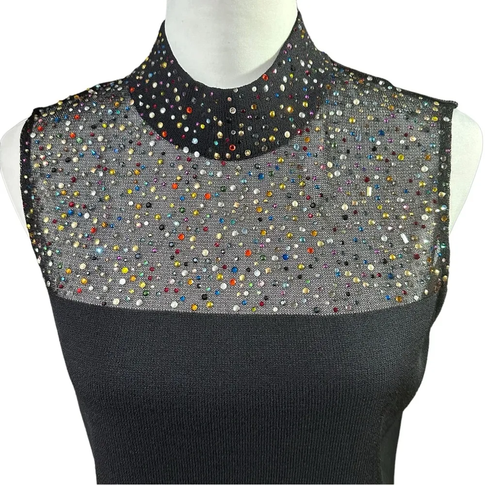 St. John Black Knit Sleeveless Top with Beaded Embellishments Sz Small - Image 3