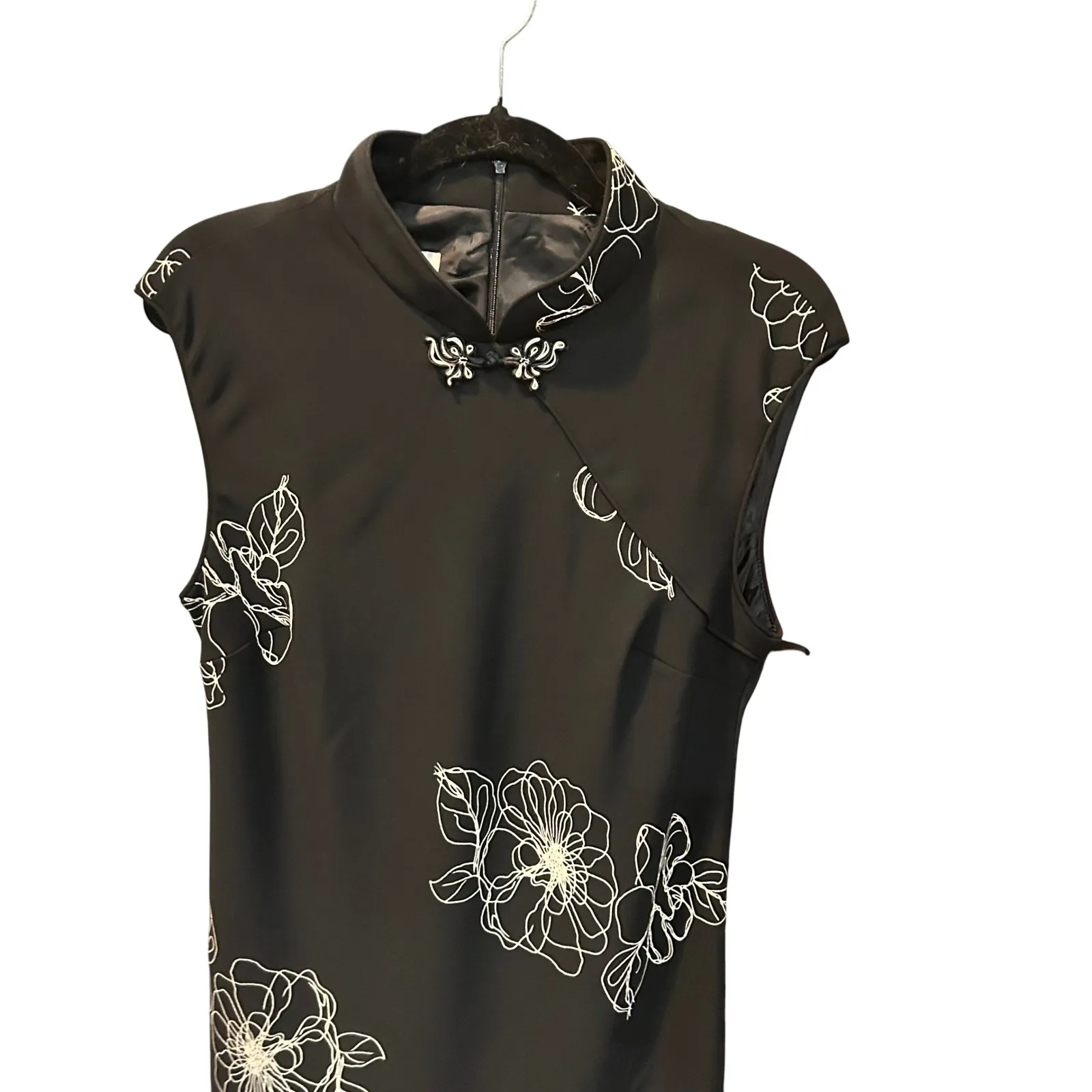 Evan Picone Black Floral Sleeveless Knee Length Dress‎ Cheongsam Style Size 12 - Image 7