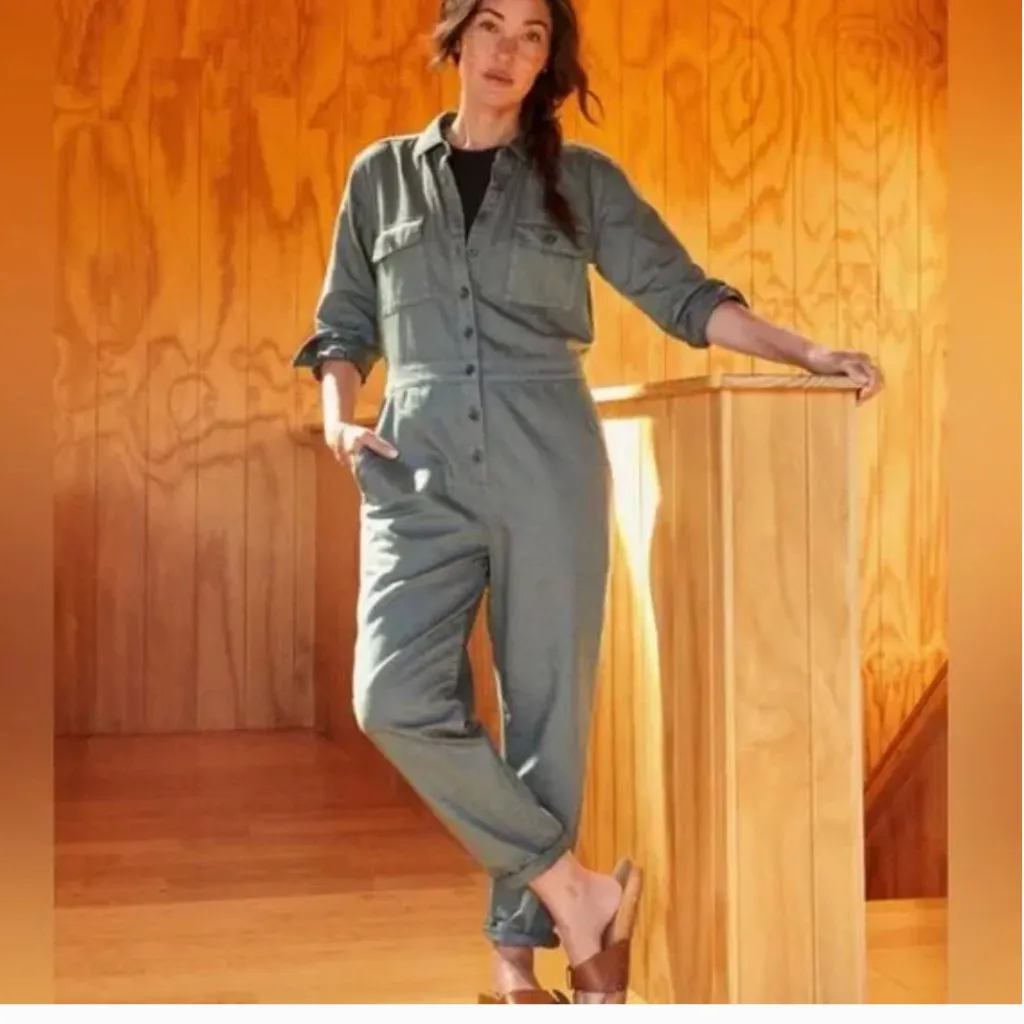 NWT Outerknown Utility Sea Button Front Long Sleeve Jumpsuit Green Medium - Image 2