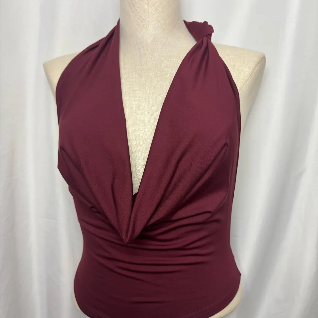 Elegant Burgundy Halter Top open back sexy Small Red - Image 2