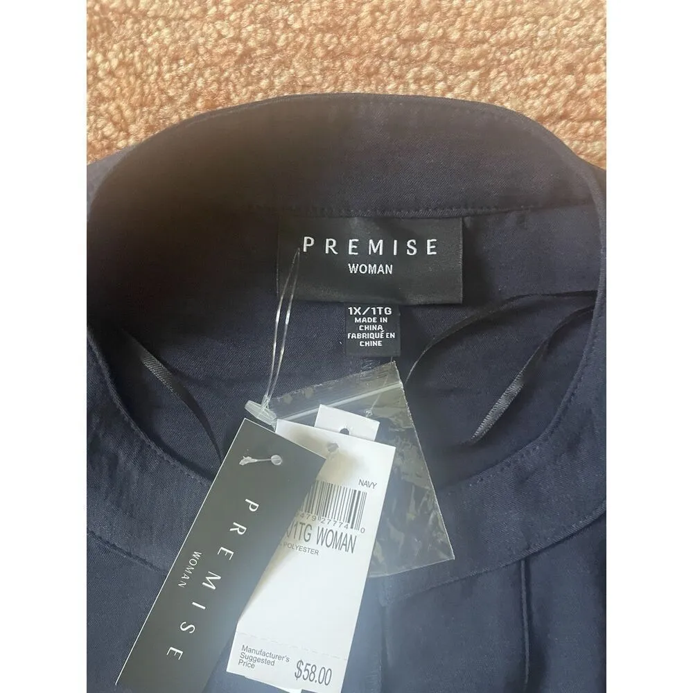 Premise Woman Navy Blouse 1X 3/4 Sleeve Roll Tab Collarless Tunic Top NWT - Image 2