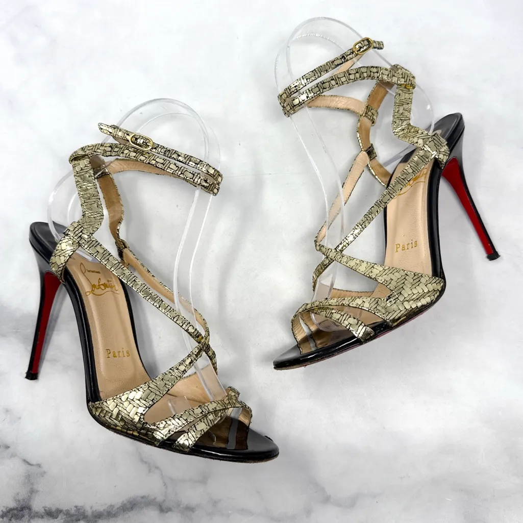 Christian Louboutin Aubrey 100 Metallic Leather Strappy Sandal Heels Gold Black - Image 4