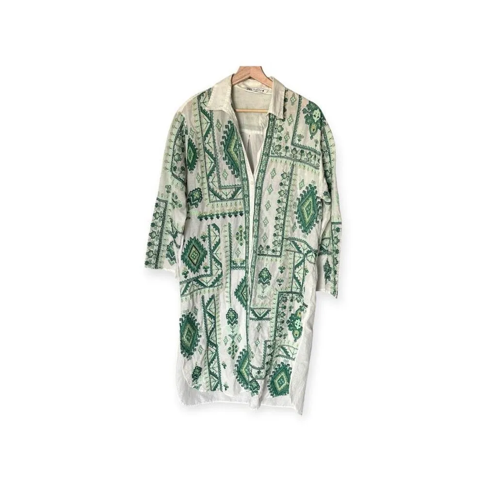 Zara White & Green Aztec Embroidered Tunic Shirt Dress size Coverup Boho - Image 2