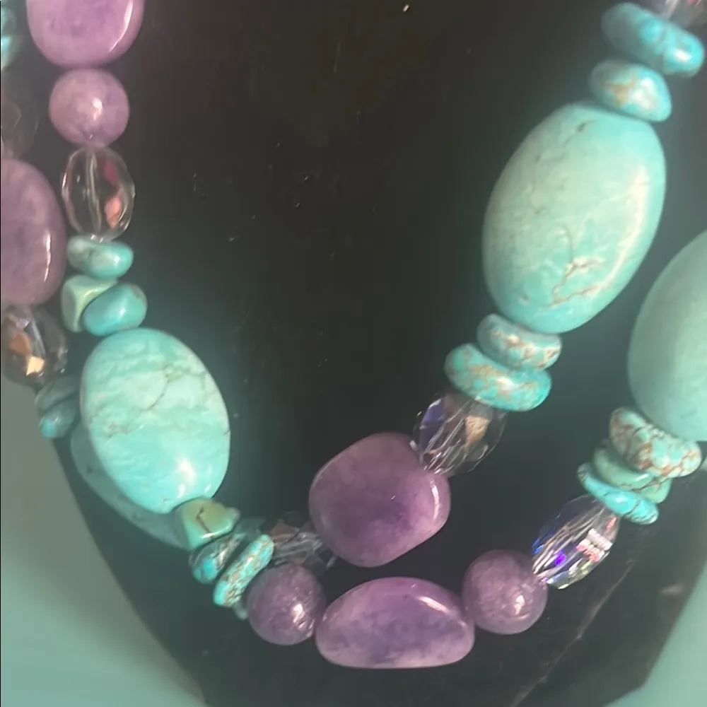 Artisan Double Layer Chunky Turquoise and Amethyst Dyed Stone Bead Necklace Blue - Image 4
