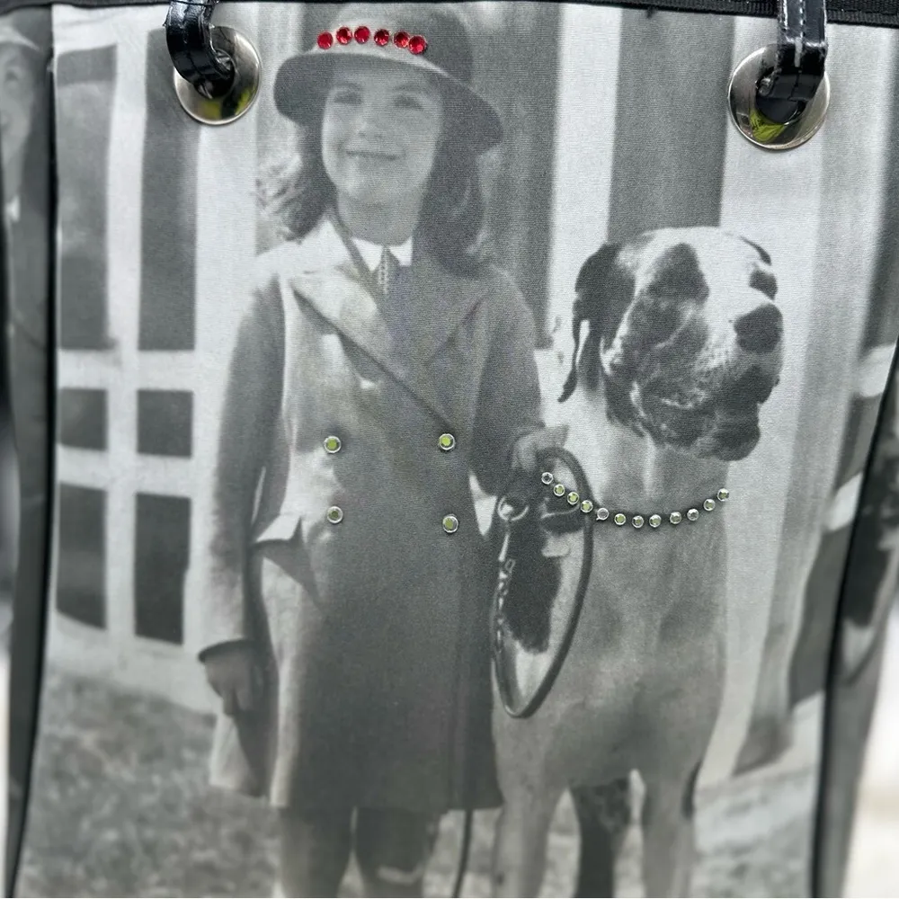NWT Vintage Girl with a Dog Bedazzled Black and White Tote Purse Bag - Image 4