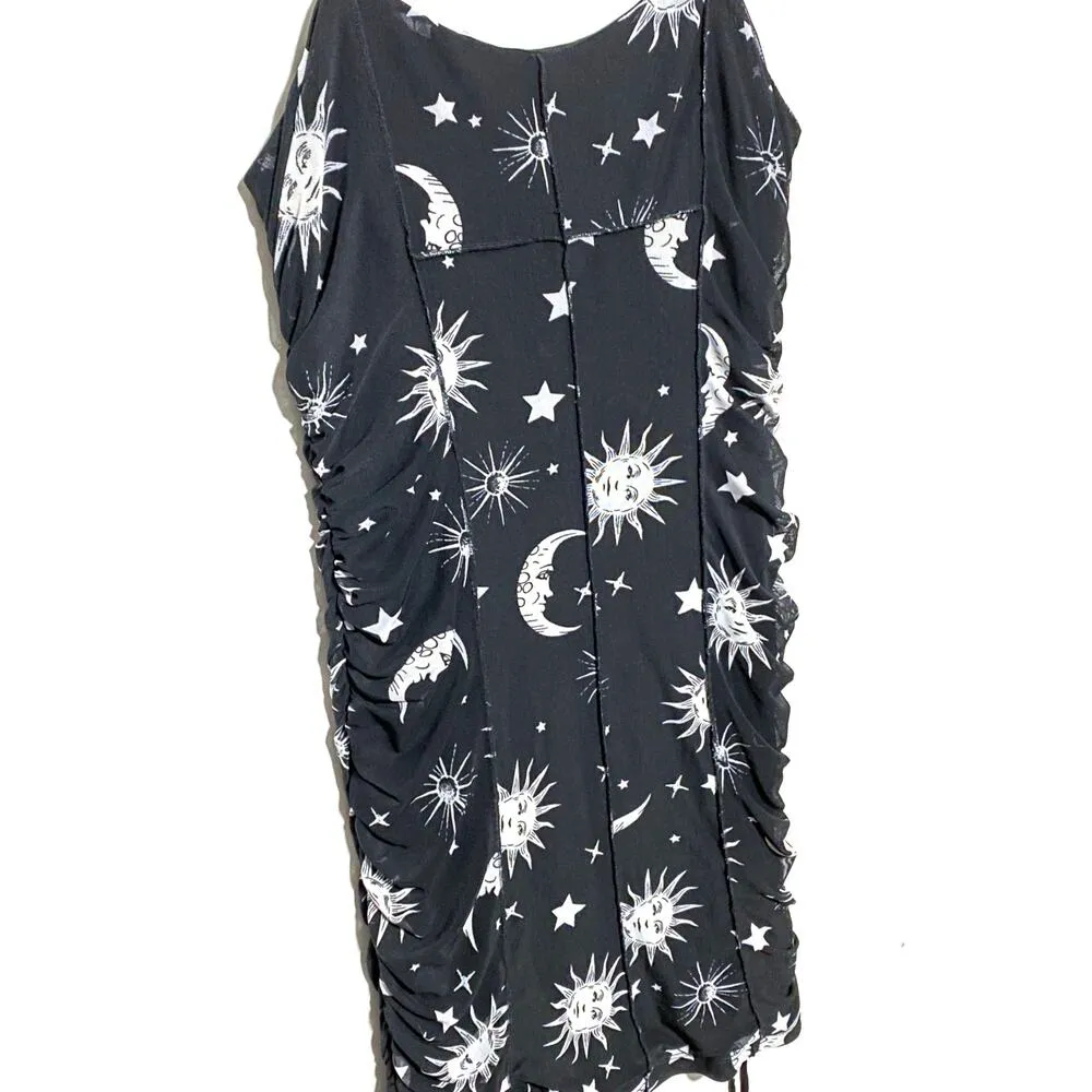 Forever 21 Celestial Sun Moon Black Cami Ruched Mini Dress Womens M NWT Lined - Image 4