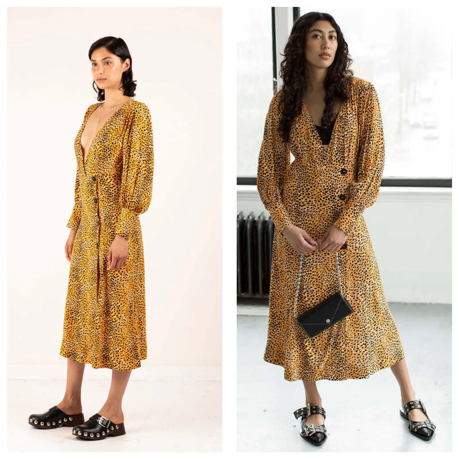 Ganni Leopard Print Plunge Midi Dress Crepe Yellow Animal Print Long Sleeve - Image 3