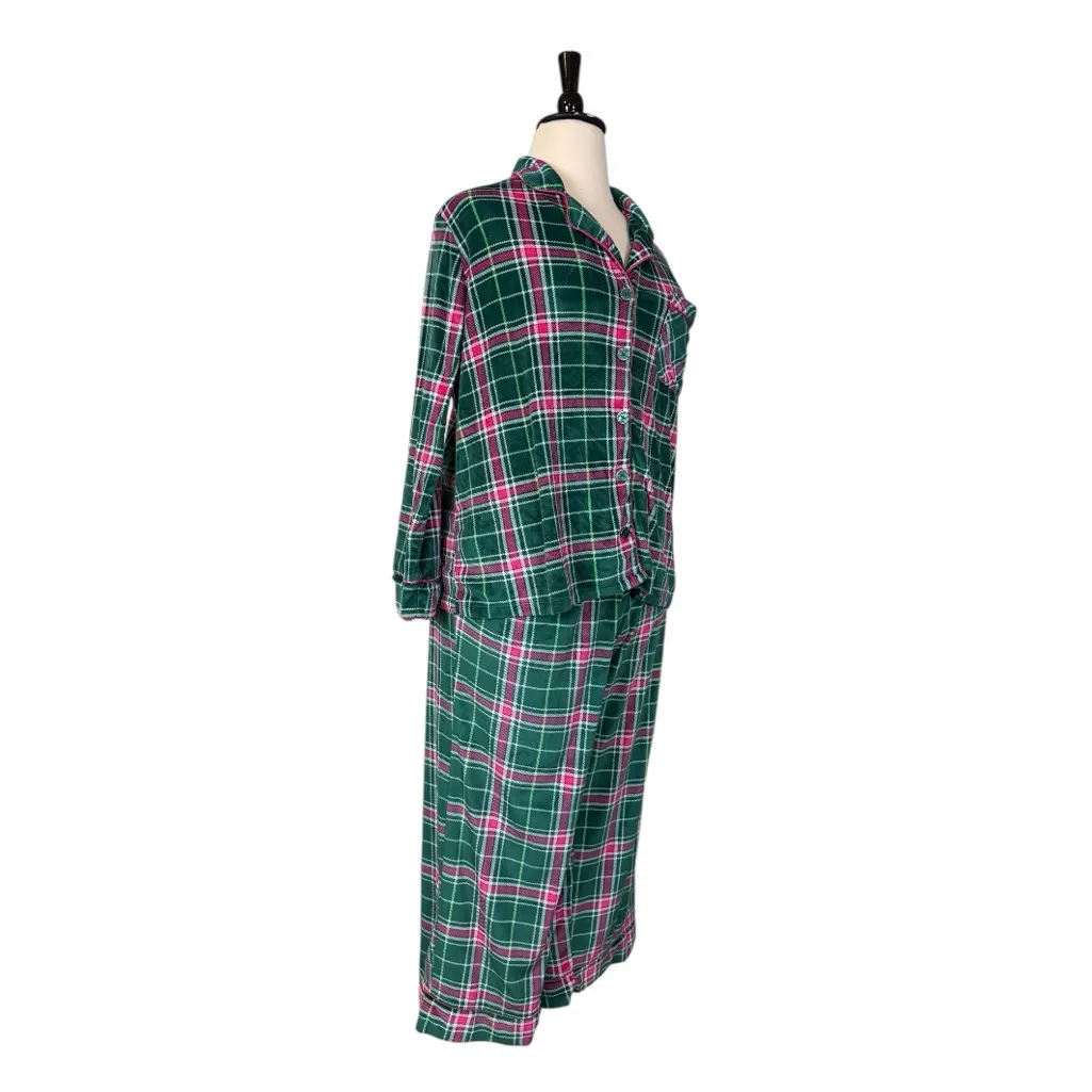 Joyspun Pajama Top Pant Set Button Front Green Pink Plaid Fleece Women’s Size 2X - Image 2
