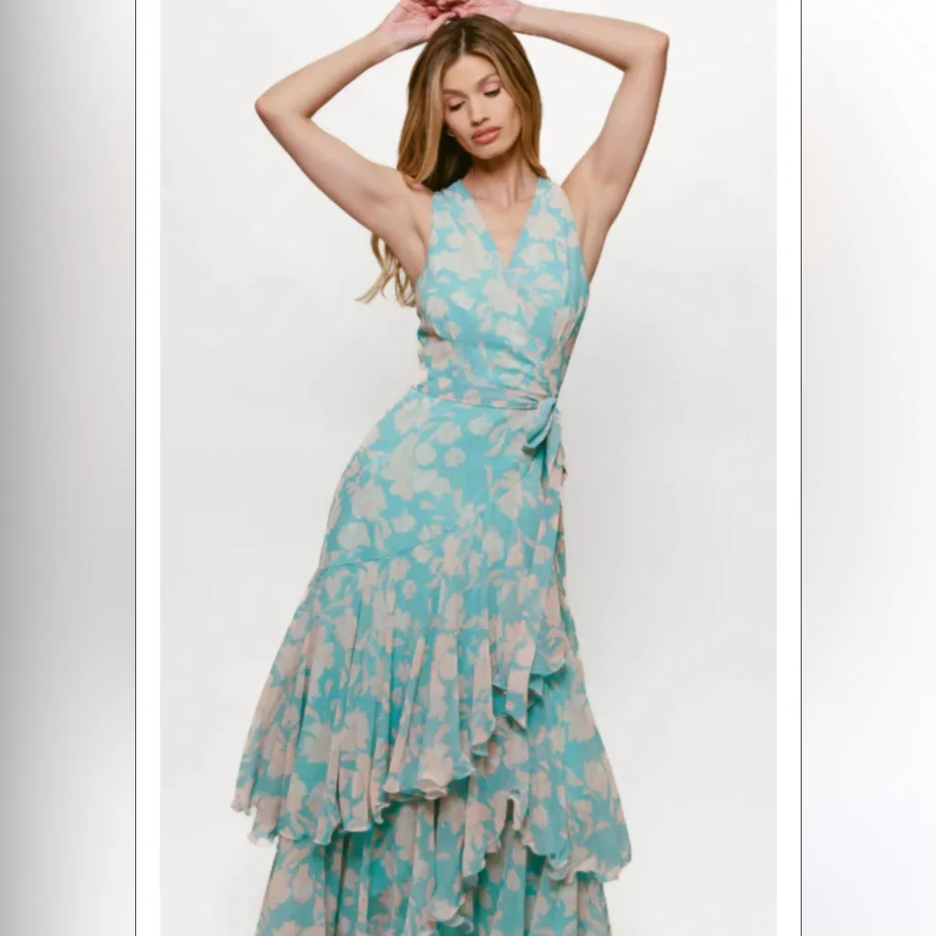 NEW Hutch Trinity Teal Cream Hi Low Tiered Wrap Dress, Large, MSRP $350 - Image 2