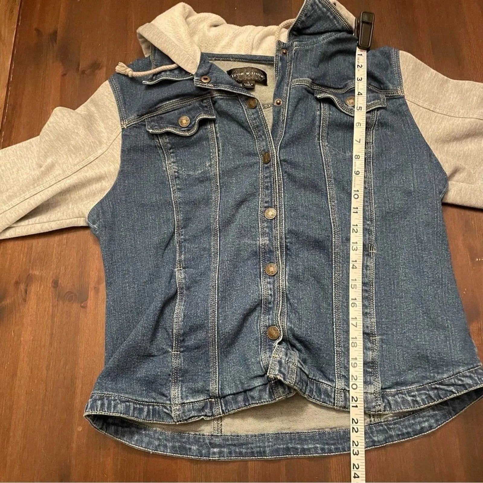 Live a Little Women's Denim Jacket Hooded Jean Jacket Gray Sweatshirt Sleeves L - Image 11