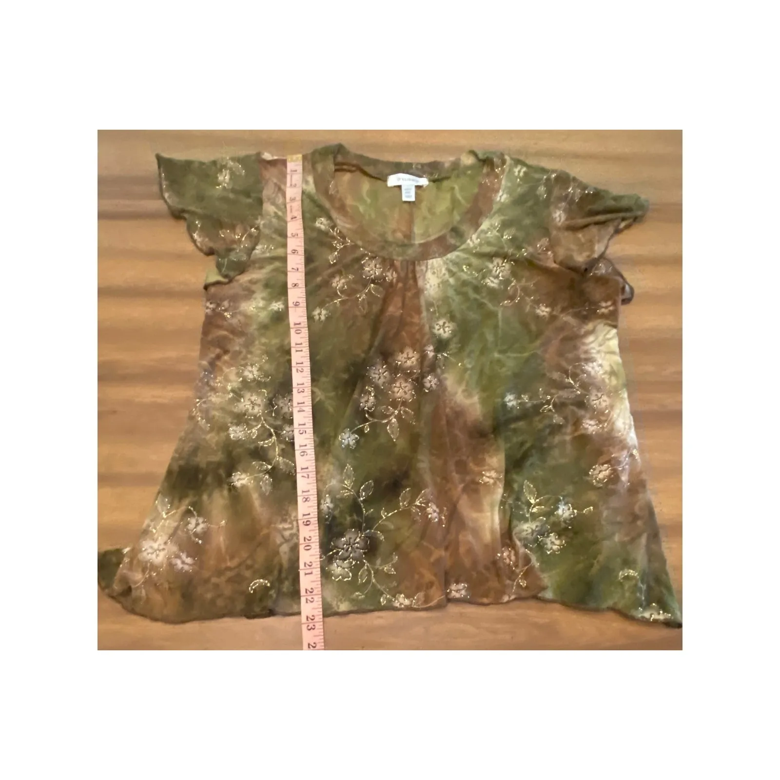 Y2K Gold Bling Brown Green Marbled Handkerchief Hem Flutter Sleeve PXL Blouse - Image 8