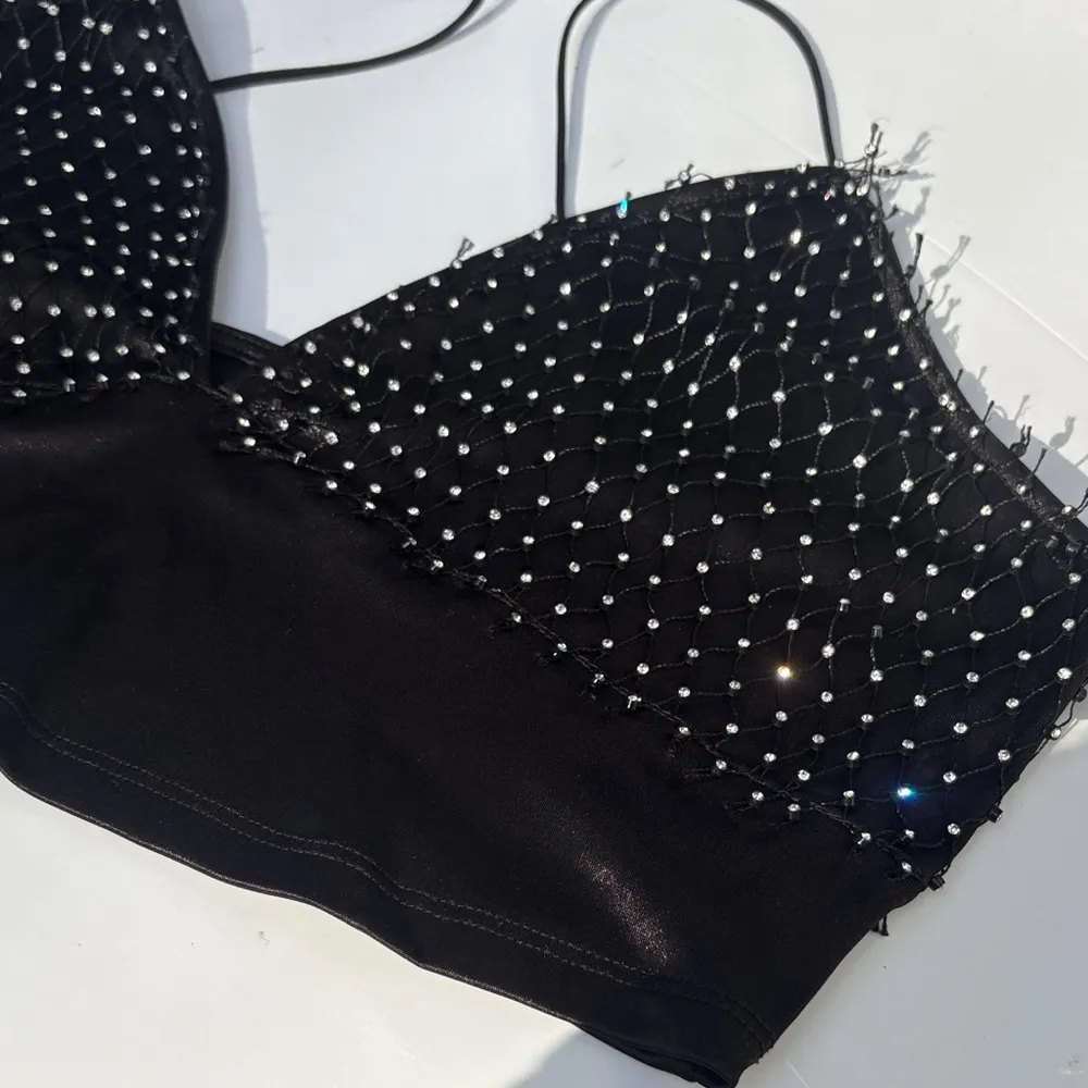 Source Unknown Black Rhinestone Mesh Crop Top - Image 8