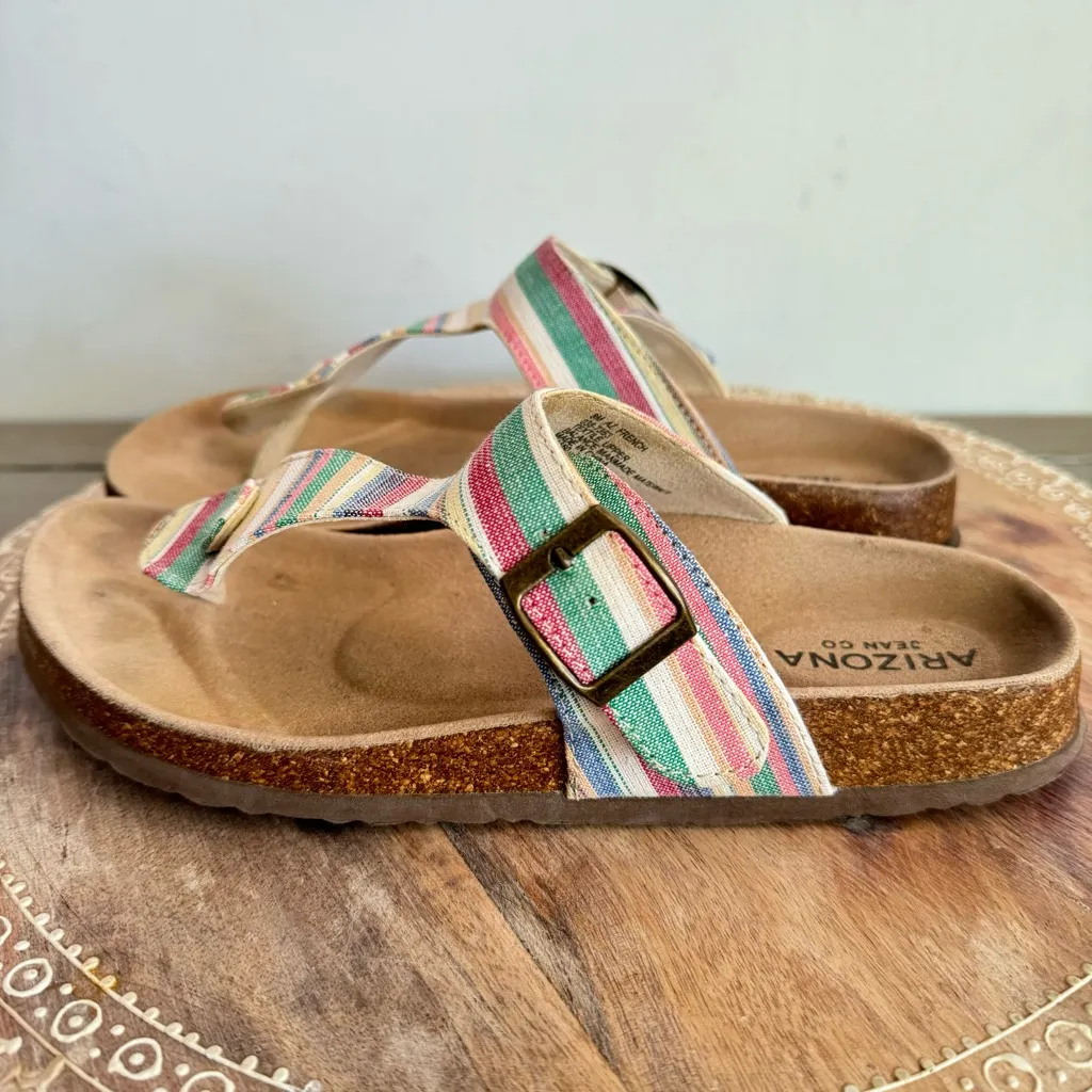 Arizona Jean Co French T-Strap Cork‎ Bed Multicolor Striped Sandals 8 M AZ - Image 3