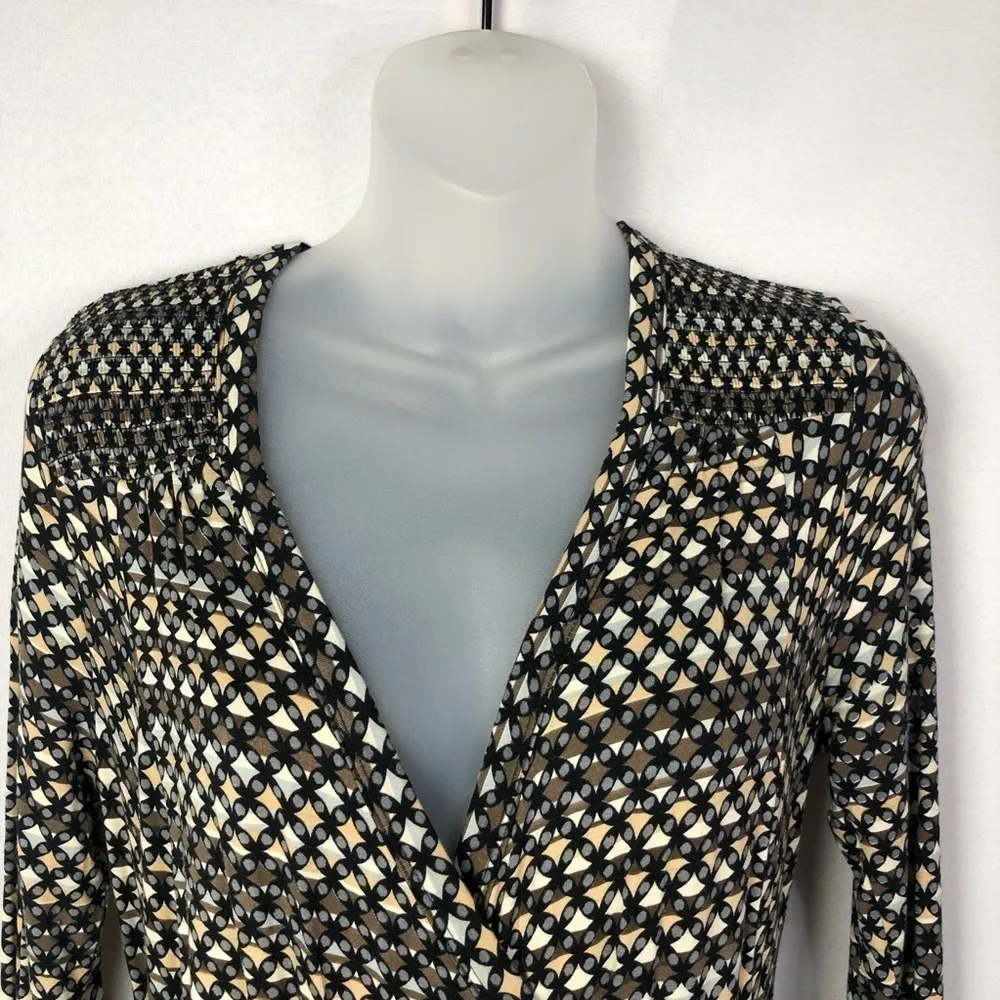 Plenty by Tracy Reese Tan & Black Printed Faux Wrap Long Sleeve Dress S - Image 4