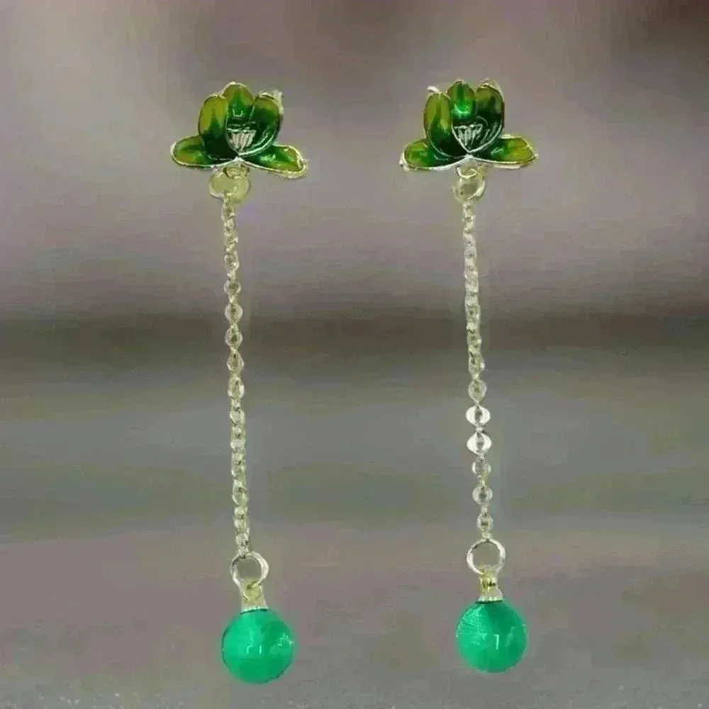 Vintage Chinese Style Lotus Drop Earrings Green - Image 2