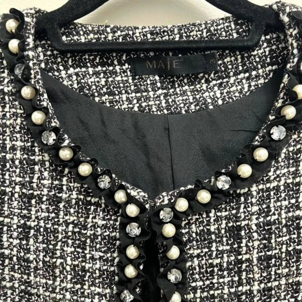 Maje Tweed Blazer Cropped Embellished Faux Pearls and Rhinestones XS - Image 11