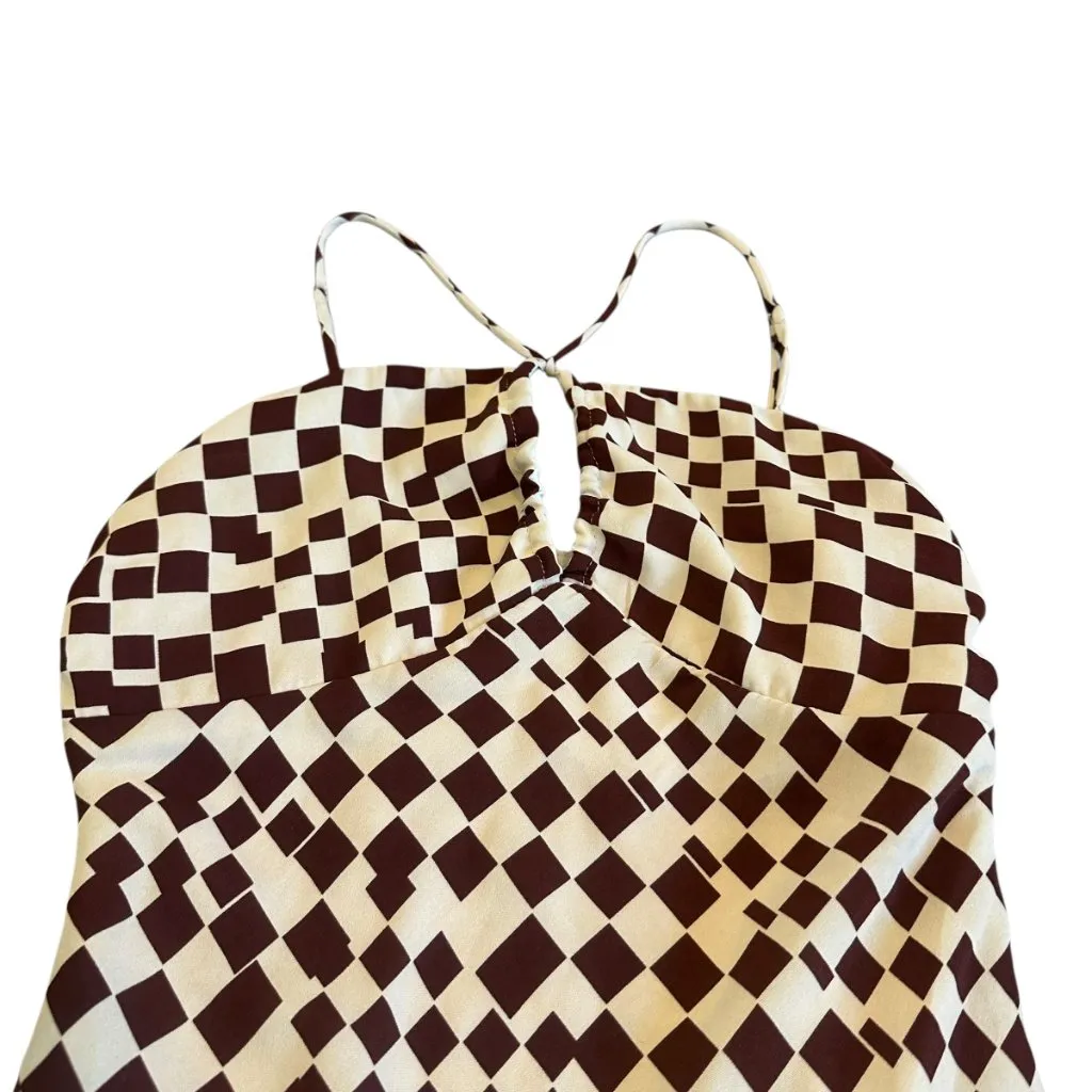 Cotton Candy LA Burgundy Checker Print Mini Dress Skater Spaghetti Strap Small - Image 2