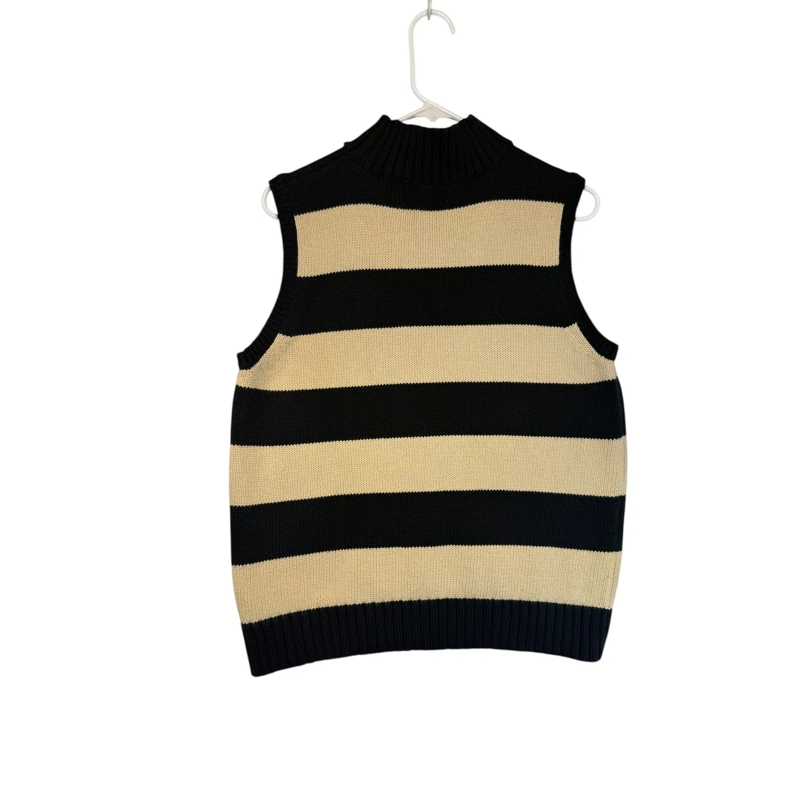 Black Tan Stripe Mock Neck Sleeveless Knit Sweater Vest Preppy Smart Women Large - Image 4
