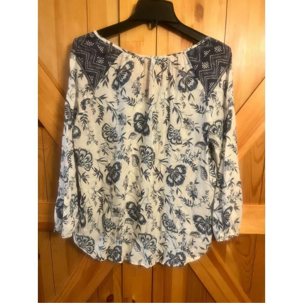 Beach Lunch Lounge Top Womens Small white Blue Floral Long Sleeve V-Neck Blouse - Image 4