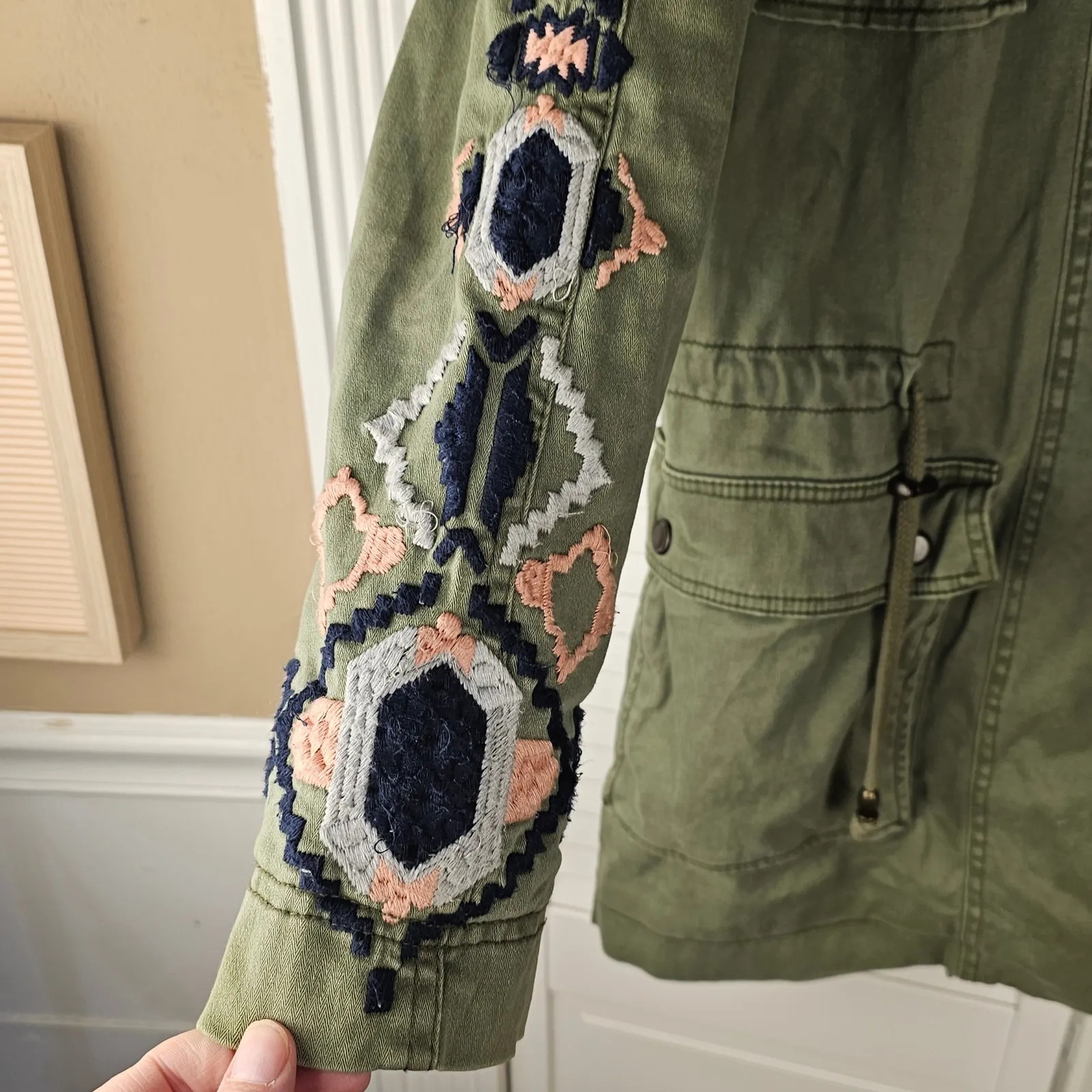 Free People‎ Womens Army Green Embroidered Twill Parka Small - Image 4